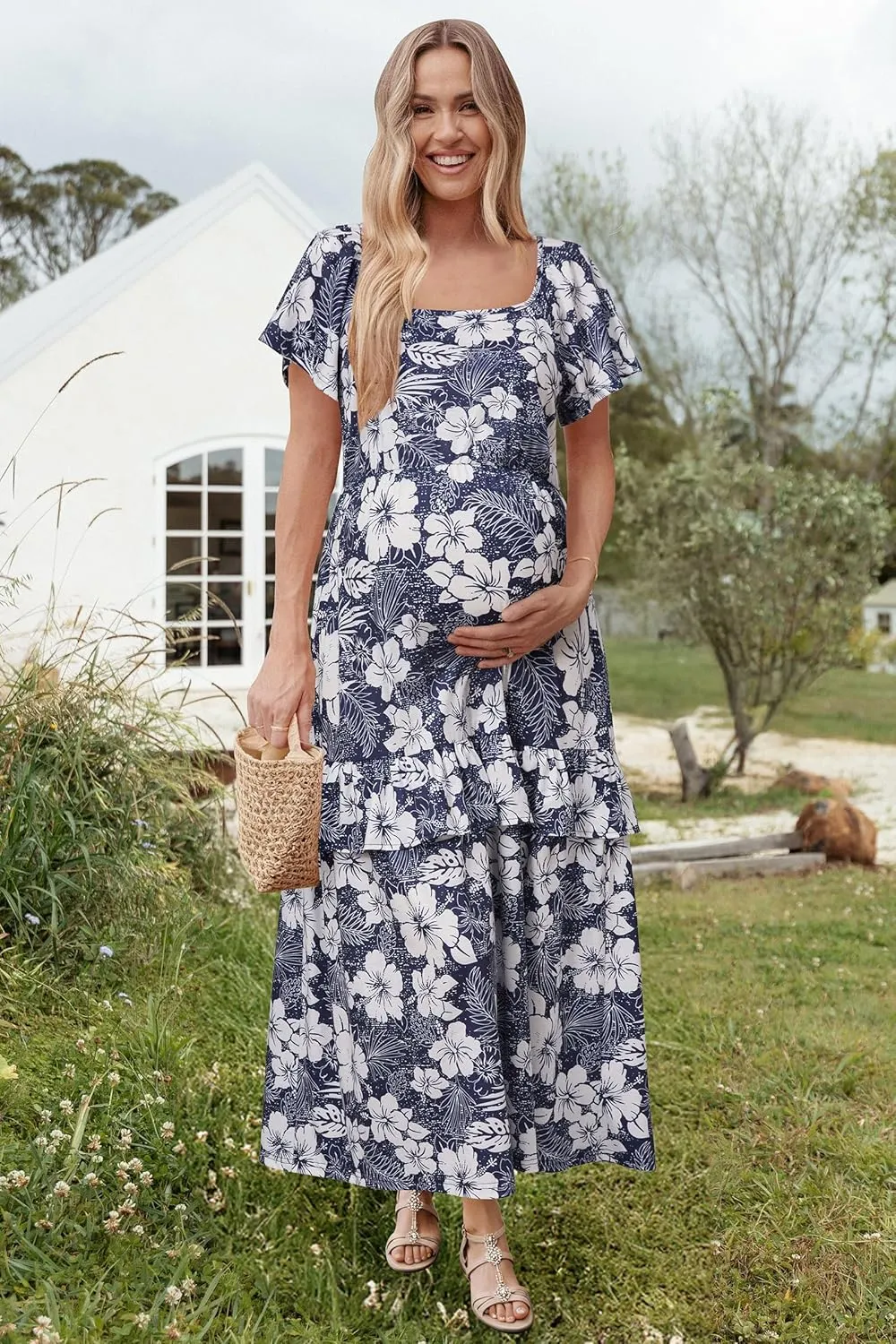 STYLEWORD Women's Summer Dresses 2025 Square Neck Short Sleeve Floral Casual Ruffled Tiered Maxi Dress