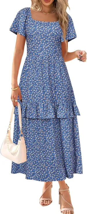 STYLEWORD Women's Summer Dresses 2025 Square Neck Short Sleeve Floral Casual Ruffled Tiered Maxi Dress