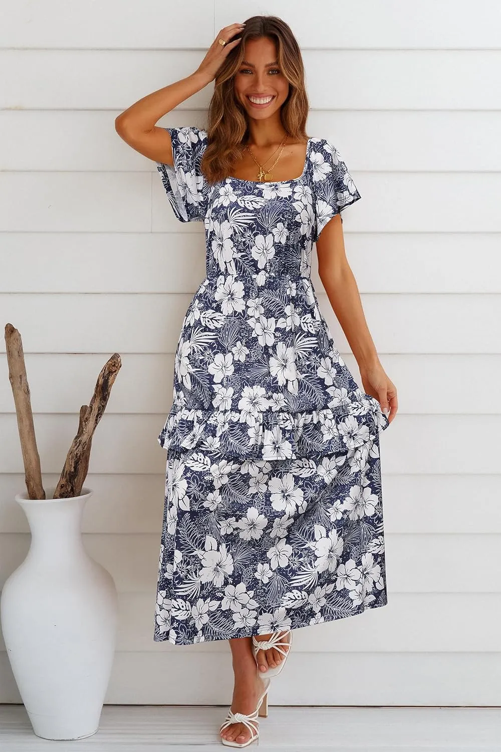 STYLEWORD Women's Summer Dresses 2025 Square Neck Short Sleeve Floral Casual Ruffled Tiered Maxi Dress
