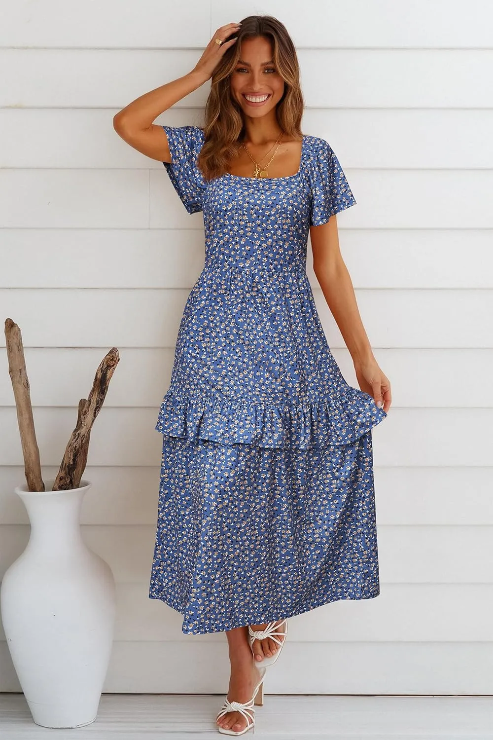 STYLEWORD Women's Summer Dresses 2025 Square Neck Short Sleeve Floral Casual Ruffled Tiered Maxi Dress