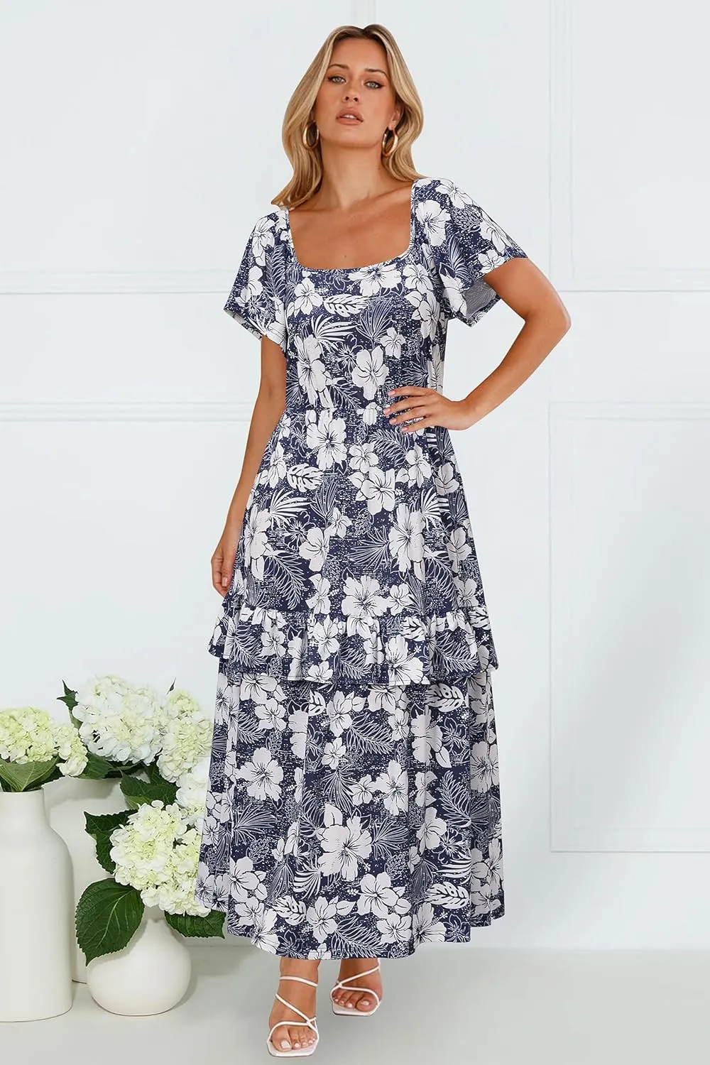 STYLEWORD Women's Summer Dresses 2025 Square Neck Short Sleeve Floral Casual Ruffled Tiered Maxi Dress