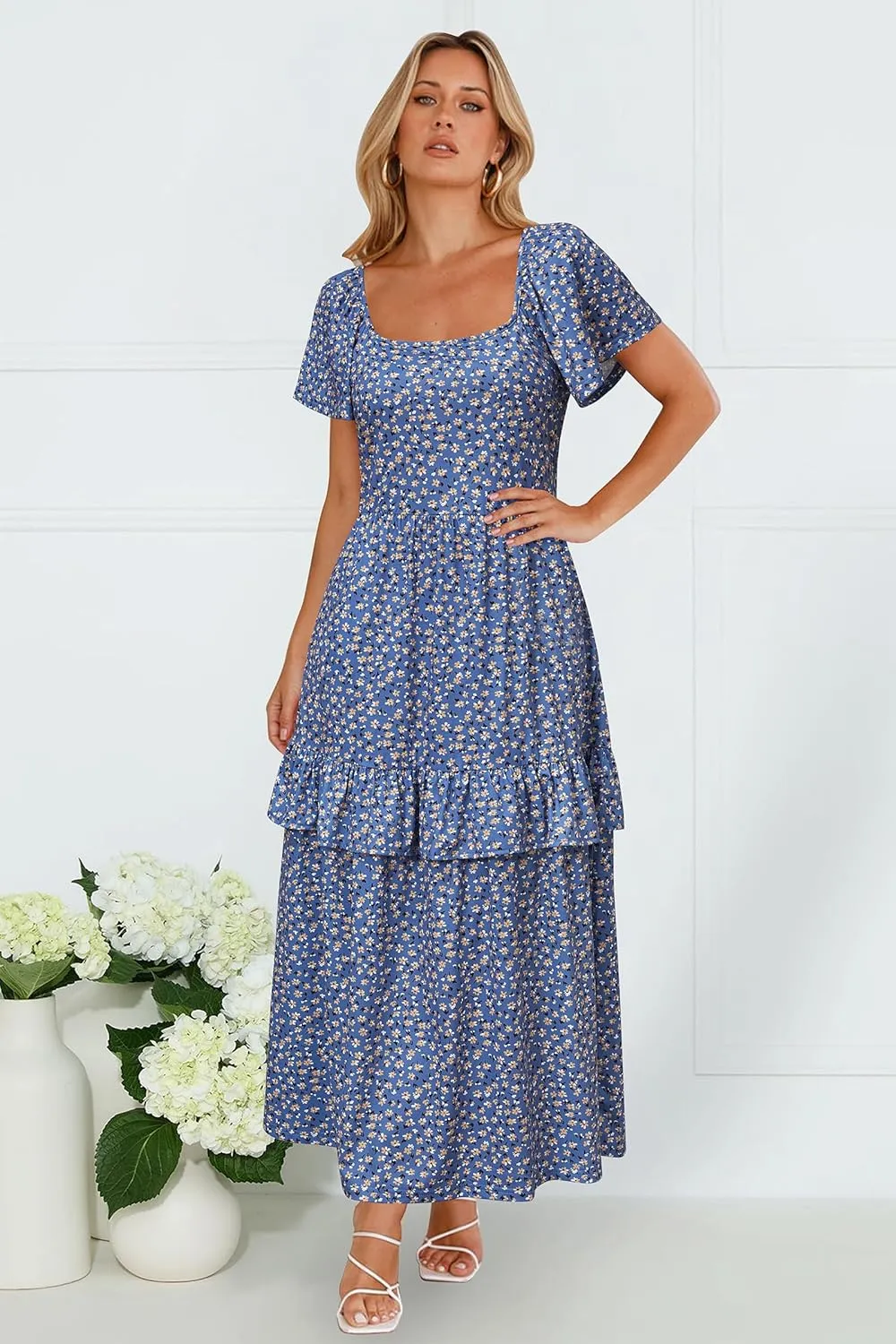 STYLEWORD Women's Summer Dresses 2025 Square Neck Short Sleeve Floral Casual Ruffled Tiered Maxi Dress