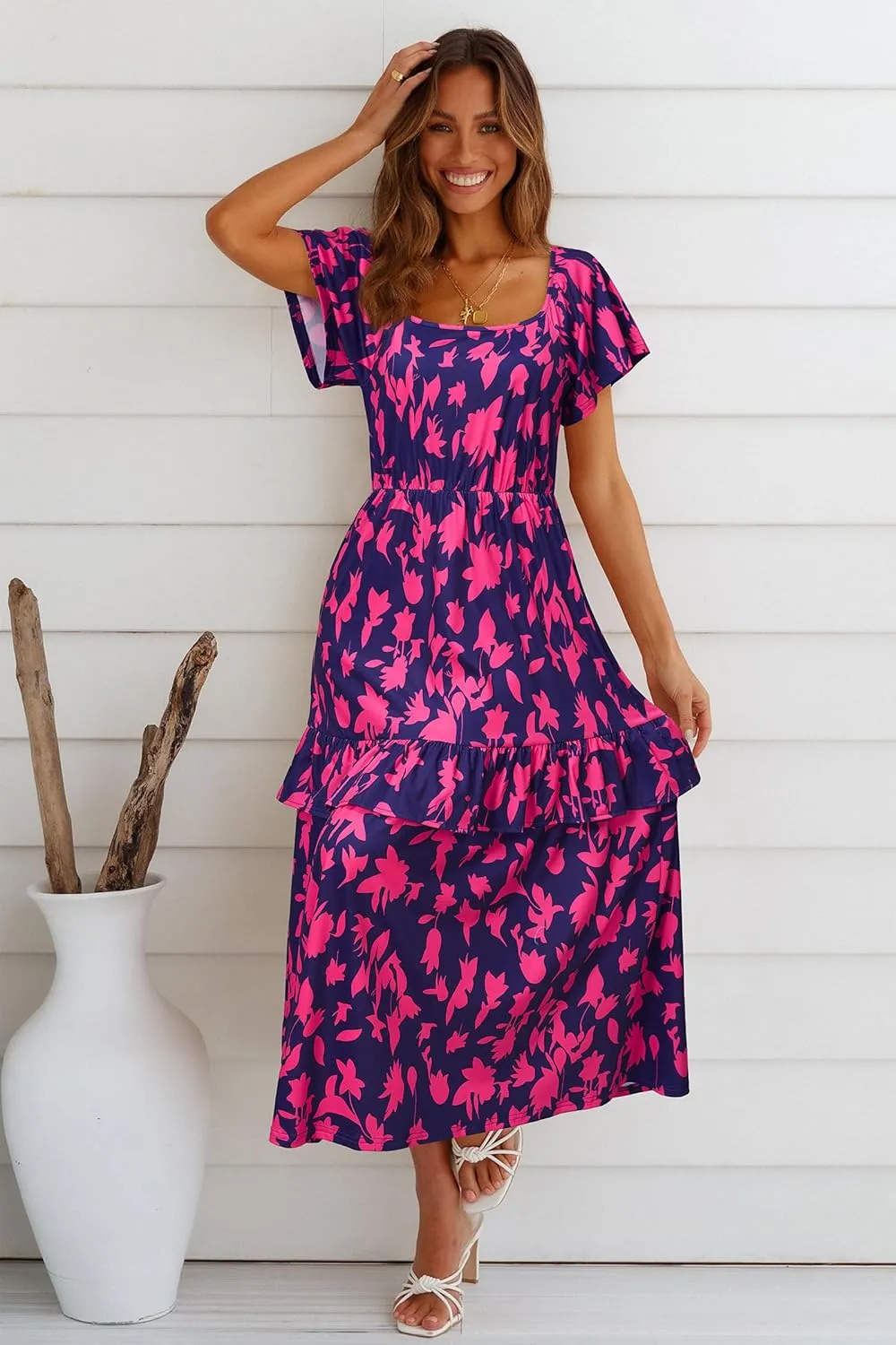 STYLEWORD Women's Summer Dresses 2025 Square Neck Short Sleeve Floral Casual Ruffled Tiered Maxi Dress