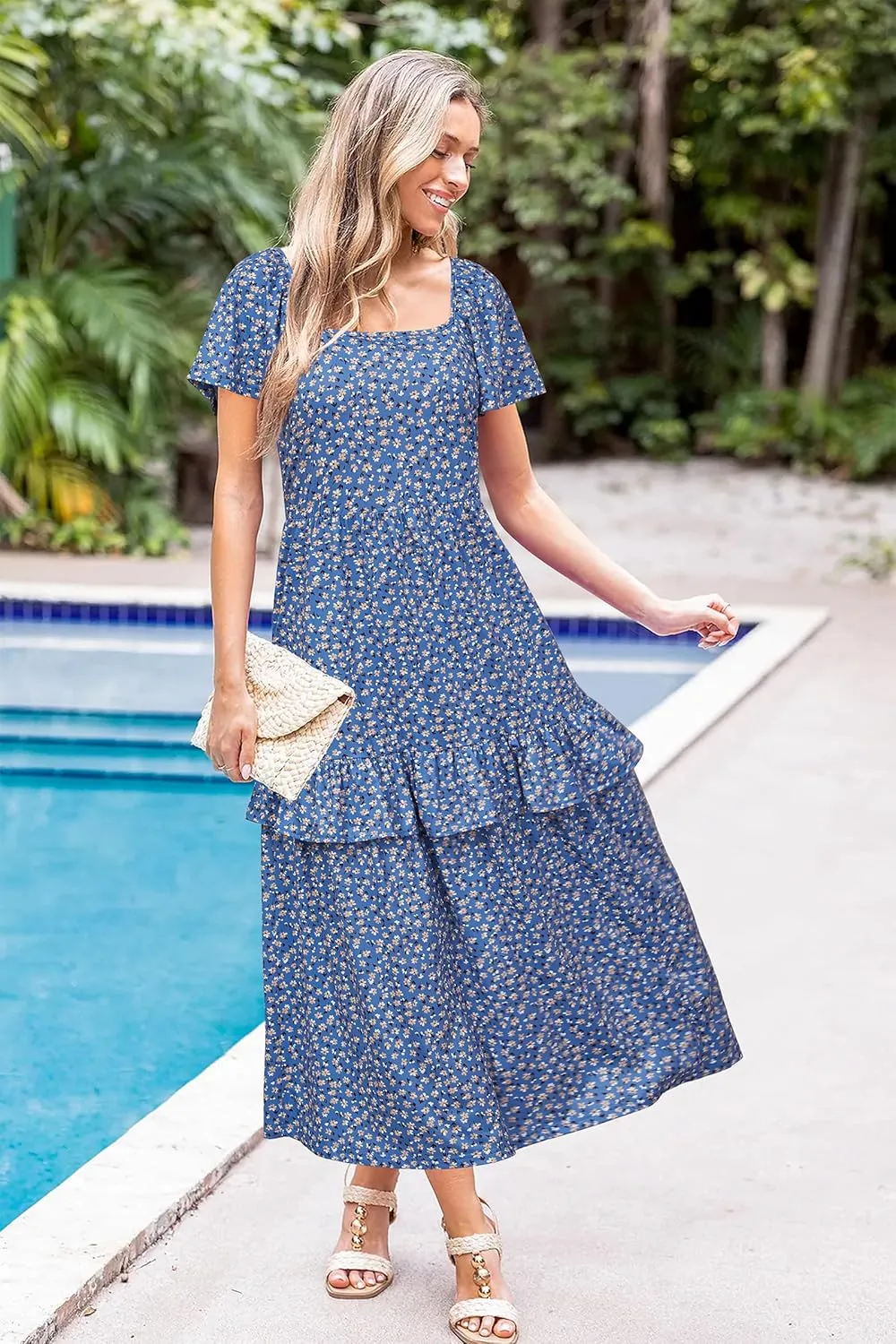 STYLEWORD Women's Summer Dresses 2025 Square Neck Short Sleeve Floral Casual Ruffled Tiered Maxi Dress