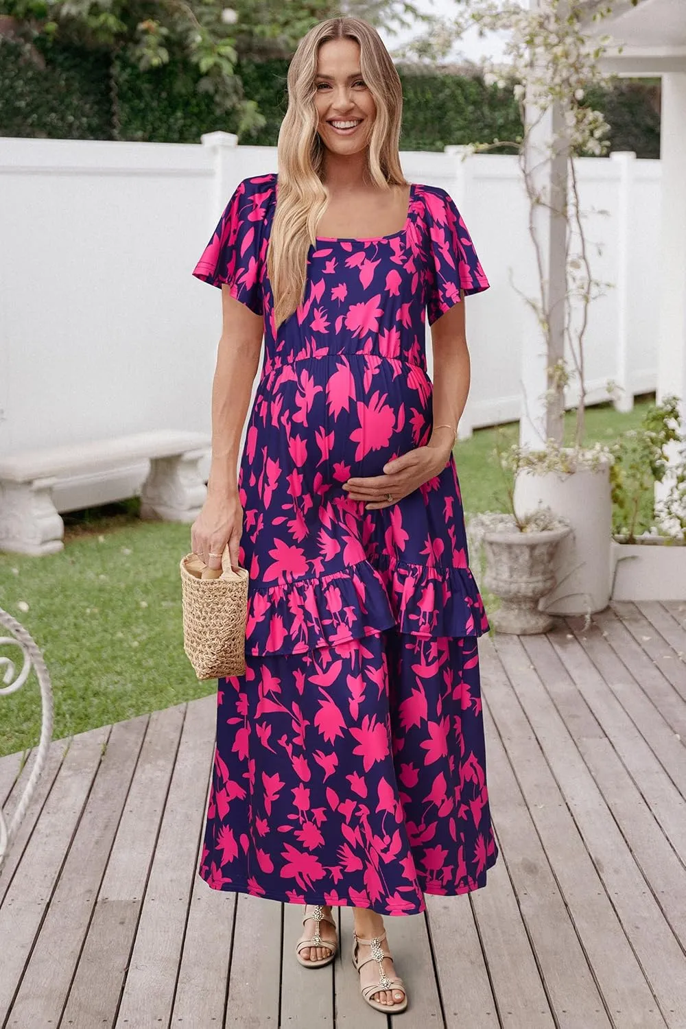 STYLEWORD Women's Summer Dresses 2025 Square Neck Short Sleeve Floral Casual Ruffled Tiered Maxi Dress