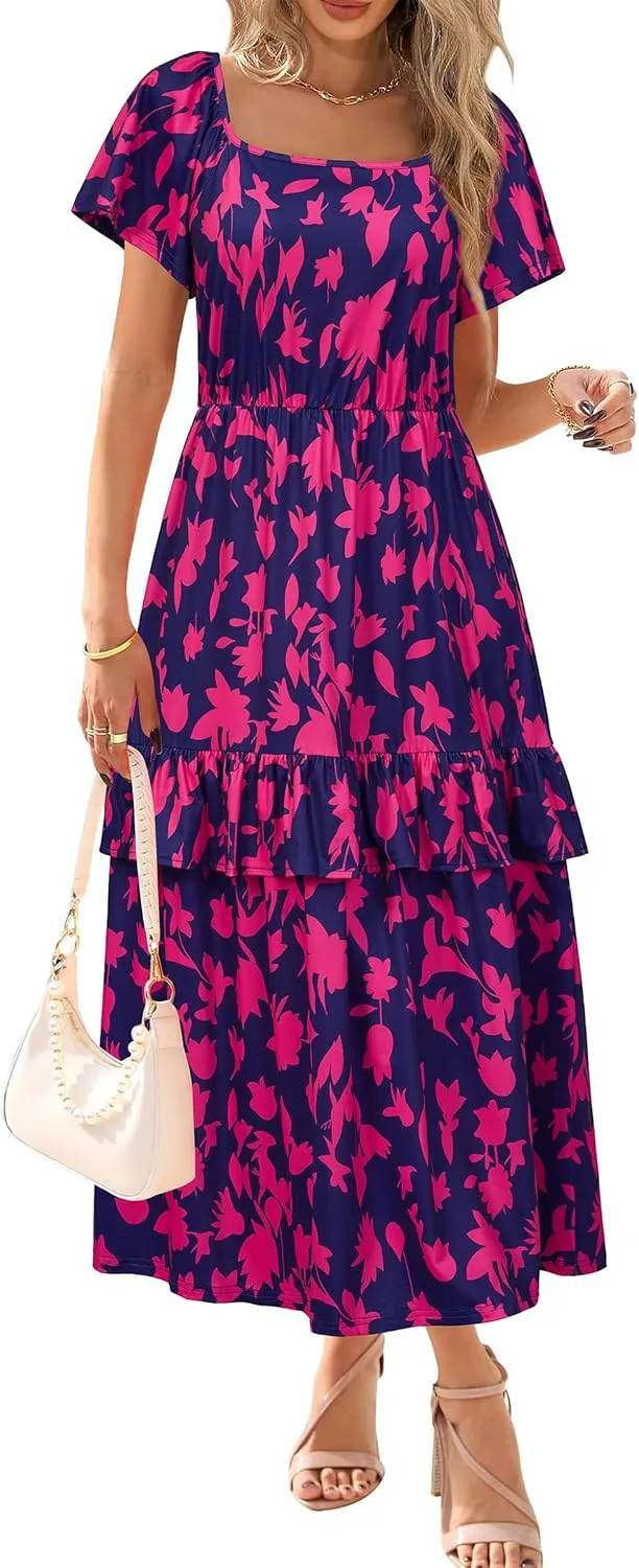 STYLEWORD Women's Summer Dresses 2025 Square Neck Short Sleeve Floral Casual Ruffled Tiered Maxi Dress