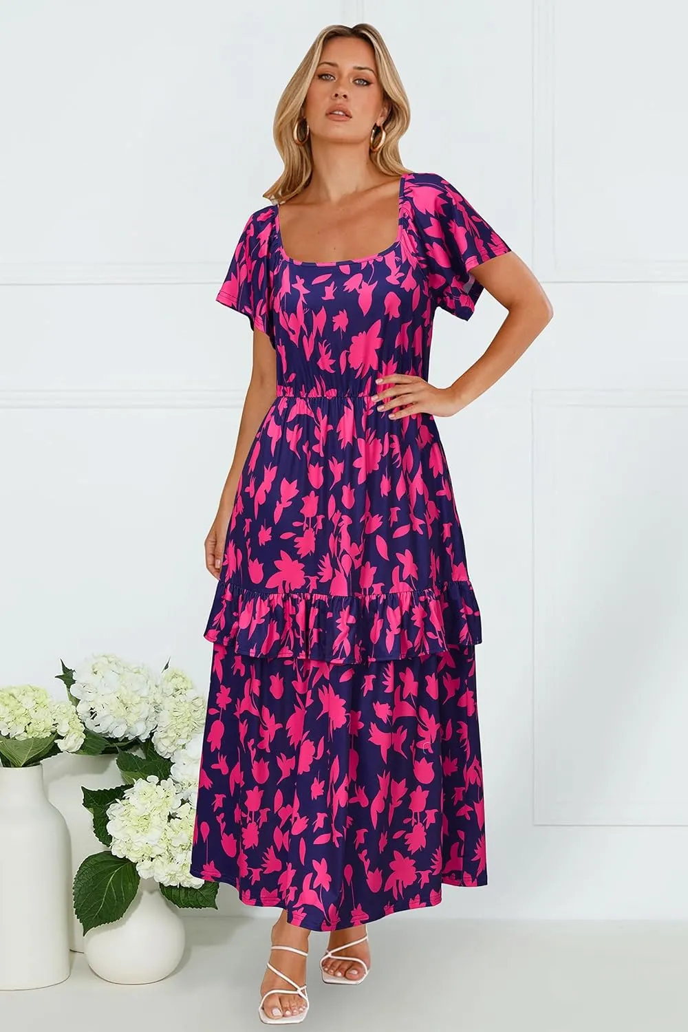 STYLEWORD Women's Summer Dresses 2025 Square Neck Short Sleeve Floral Casual Ruffled Tiered Maxi Dress