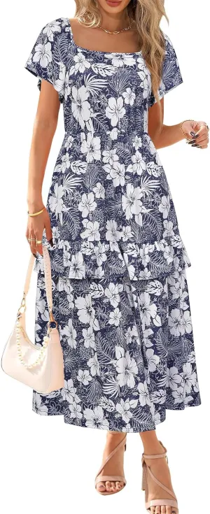 STYLEWORD Women's Summer Dresses 2025 Square Neck Short Sleeve Floral Casual Ruffled Tiered Maxi Dress