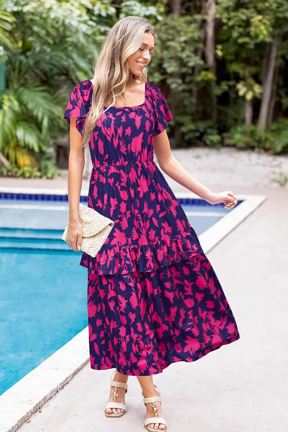 STYLEWORD Women's Summer Dresses 2025 Square Neck Short Sleeve Floral Casual Ruffled Tiered Maxi Dress
