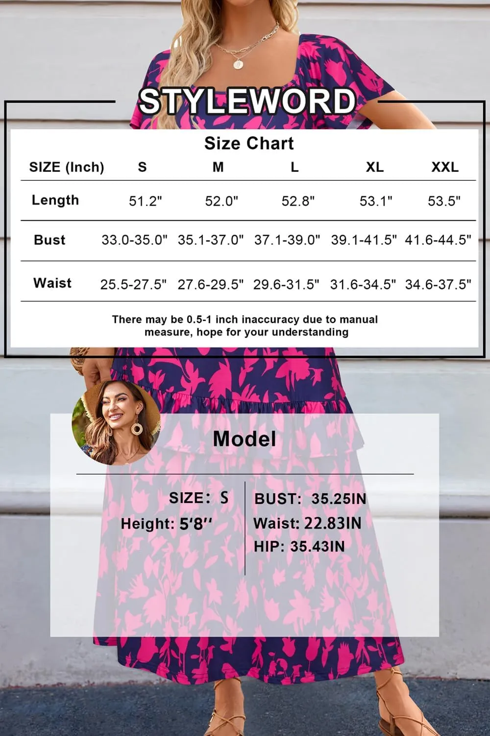 STYLEWORD Women's Summer Dresses 2025 Square Neck Short Sleeve Floral Casual Ruffled Tiered Maxi Dress