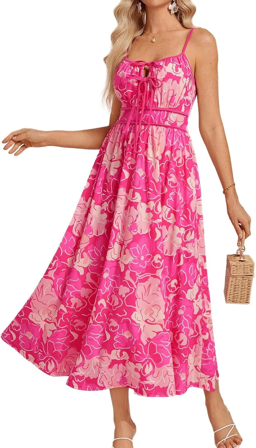 Sundresses for Women Summer Casual Sleeveless Floral Maxi Dresses Lace Up Corset Dress Boho Flowy Beach Dresses