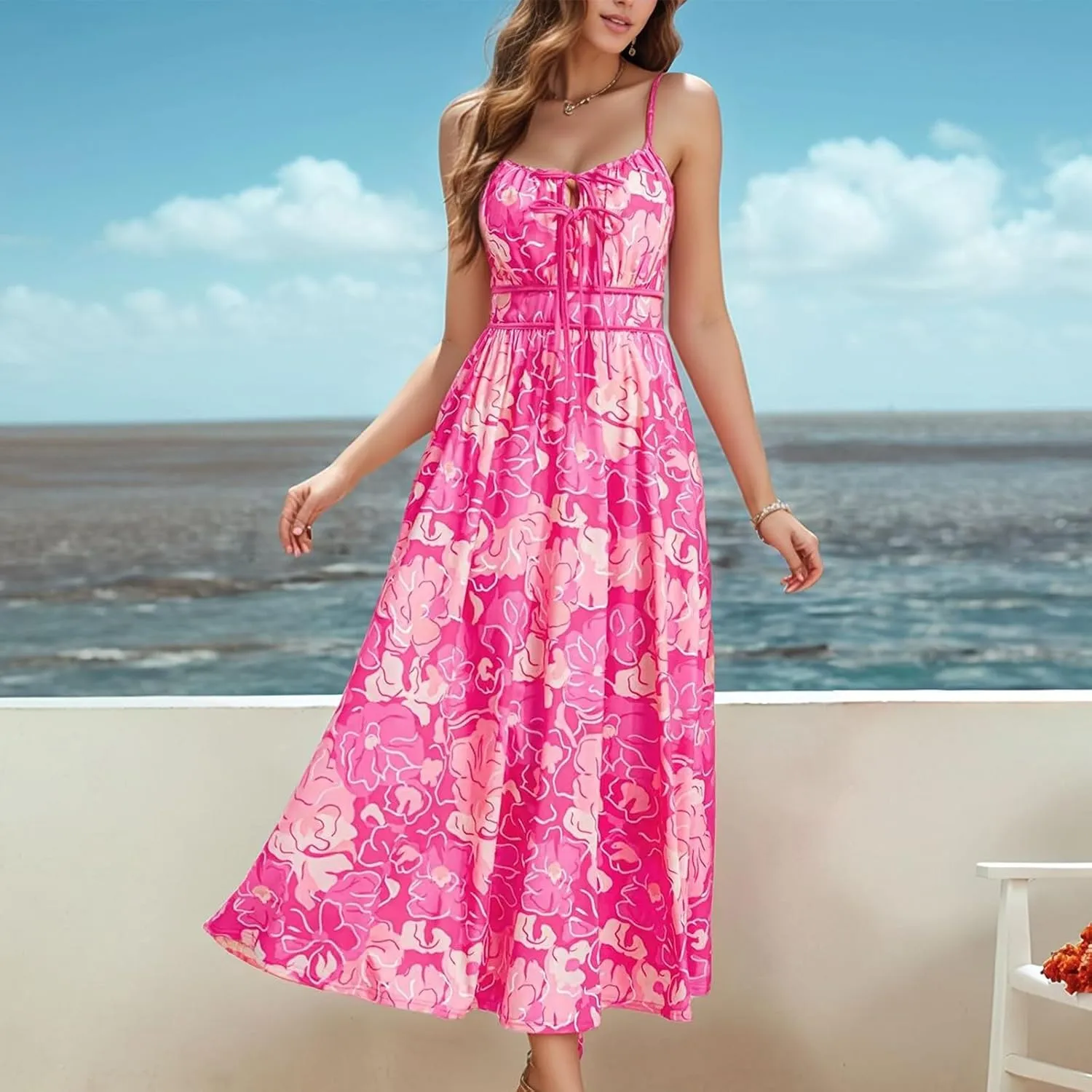 Sundresses for Women Summer Casual Sleeveless Floral Maxi Dresses Lace Up Corset Dress Boho Flowy Beach Dresses