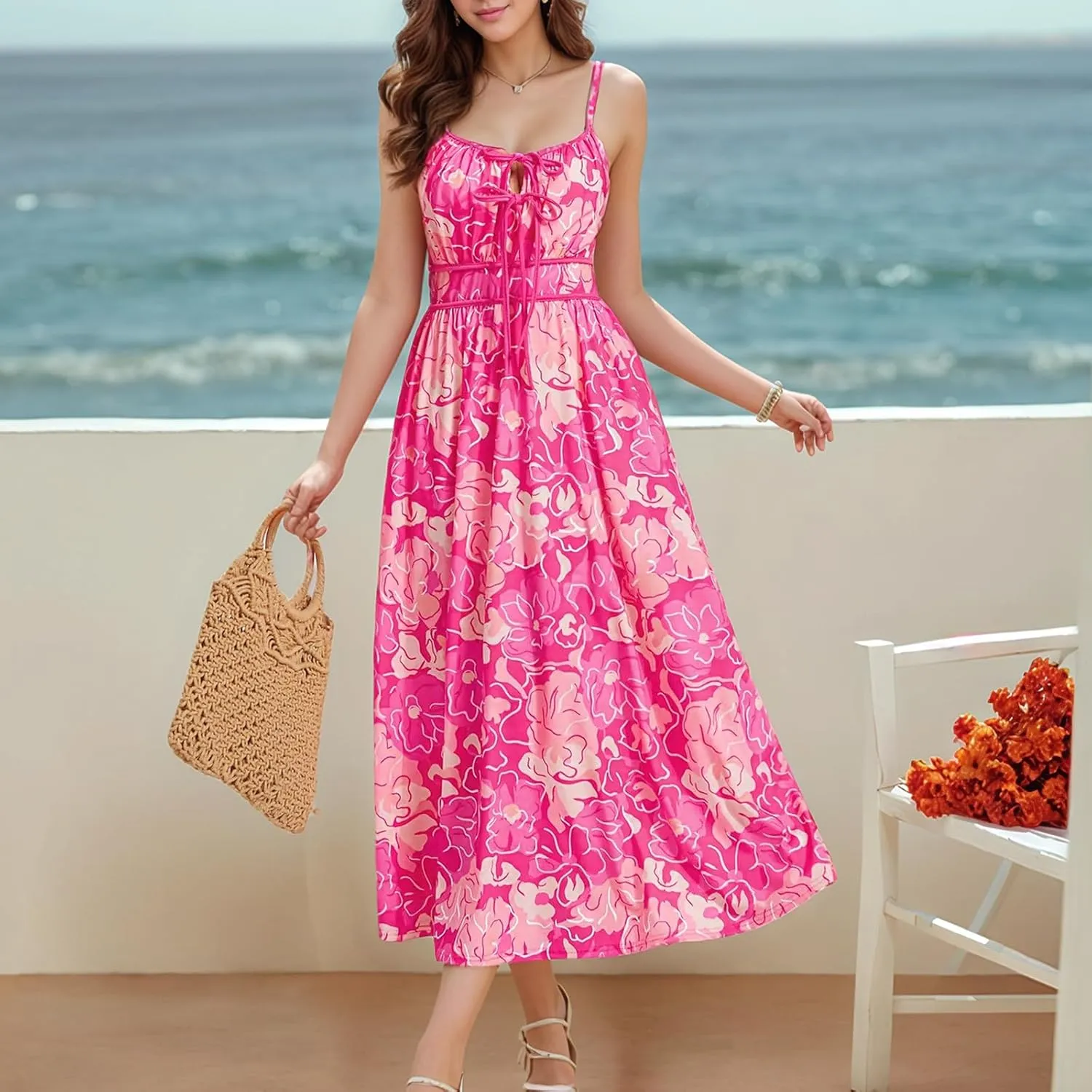 Sundresses for Women Summer Casual Sleeveless Floral Maxi Dresses Lace Up Corset Dress Boho Flowy Beach Dresses