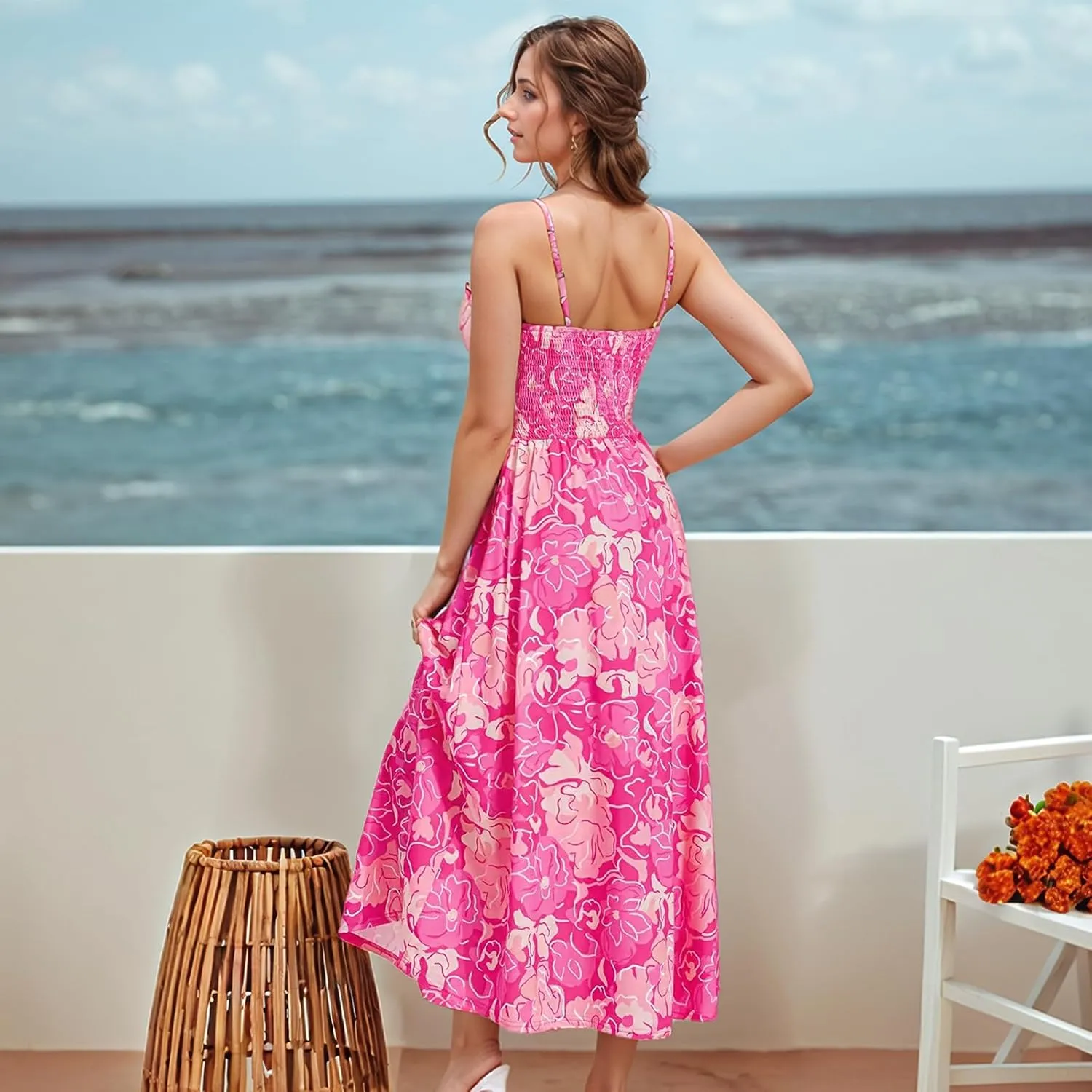 Sundresses for Women Summer Casual Sleeveless Floral Maxi Dresses Lace Up Corset Dress Boho Flowy Beach Dresses
