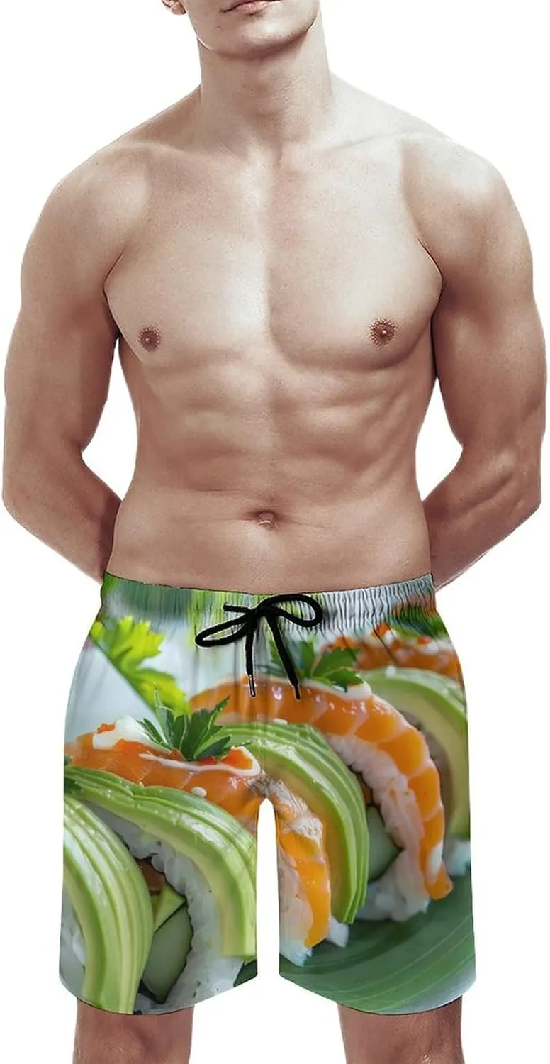 Sushi Dill Pickles Print Men's Swim Trunks Quick Dry Board Shorts Breathable Summer Beach Shorts Bathing Suits