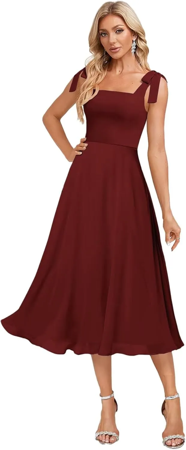 Tea Length Bridesmaid Dresses for Women Spaghetti Straps Formal Gown Chiffon Wedding Guest Dress