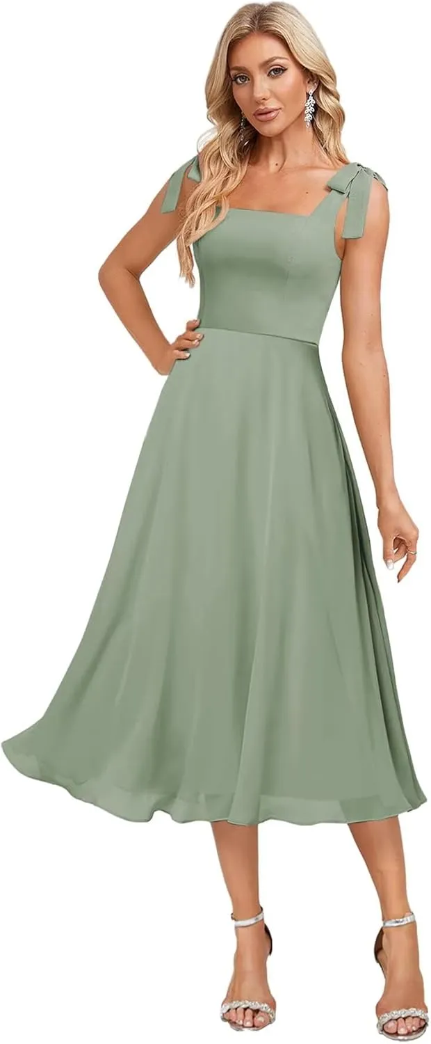 Tea Length Bridesmaid Dresses for Women Spaghetti Straps Formal Gown Chiffon Wedding Guest Dress