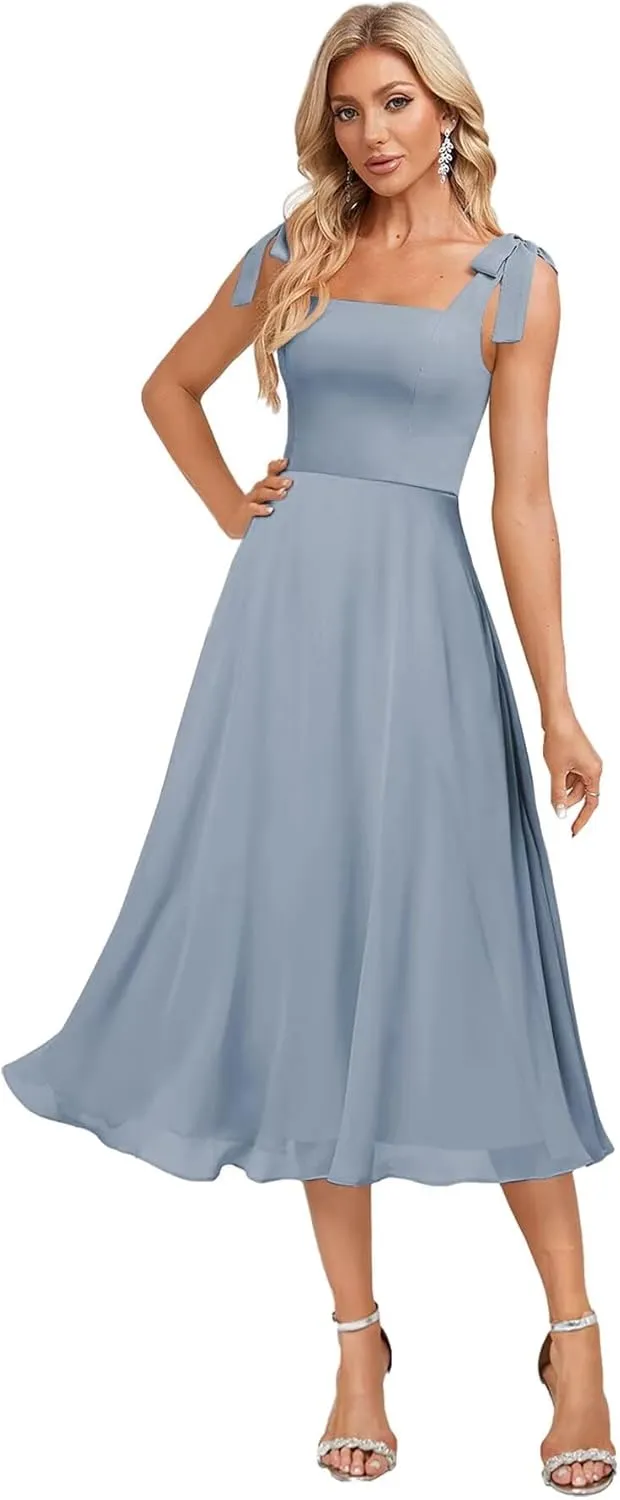 Tea Length Bridesmaid Dresses for Women Spaghetti Straps Formal Gown Chiffon Wedding Guest Dress