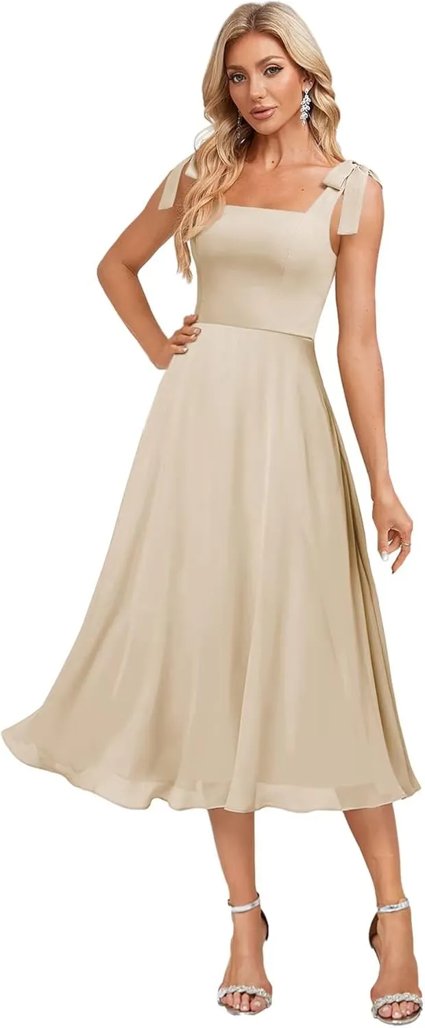 Tea Length Bridesmaid Dresses for Women Spaghetti Straps Formal Gown Chiffon Wedding Guest Dress