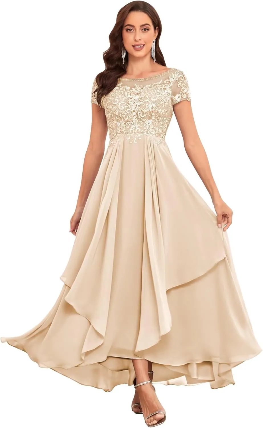 Tea Length Mother of The Bride Dresses for Wedding with Ruffle Lace Short Sleeve Chiffon Formal Evening Gown