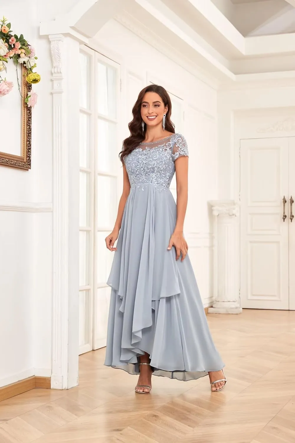 Tea Length Mother of The Bride Dresses for Wedding with Ruffle Lace Short Sleeve Chiffon Formal Evening Gown