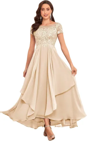 Tea Length Mother of The Bride Dresses for Wedding with Ruffle Lace Short Sleeve Chiffon Formal Evening Gown