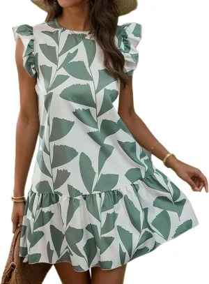 TIAFORD Women's Ruffle Cap Sleeve Short Dress Summer Casual Crewneck Floral Print Sundress Beach Vacation Mini Dresses