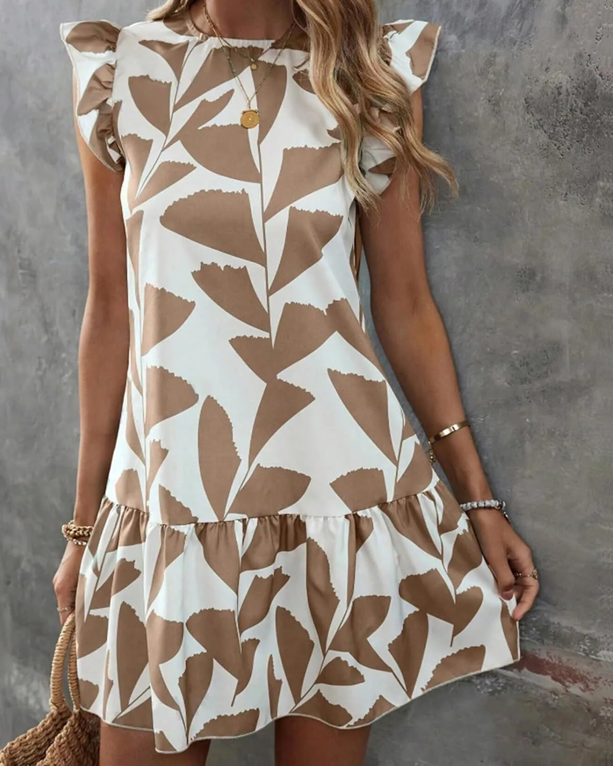 TIAFORD Women's Ruffle Cap Sleeve Short Dress Summer Casual Crewneck Floral Print Sundress Beach Vacation Mini Dresses