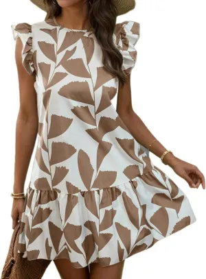 TIAFORD Women's Ruffle Cap Sleeve Short Dress Summer Casual Crewneck Floral Print Sundress Beach Vacation Mini Dresses