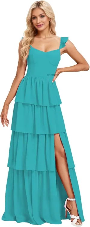 Tiered Ruffles Bridesmaid Dresses for Women 2025 Chiffon Long Formal Evening Party Dress with Slit