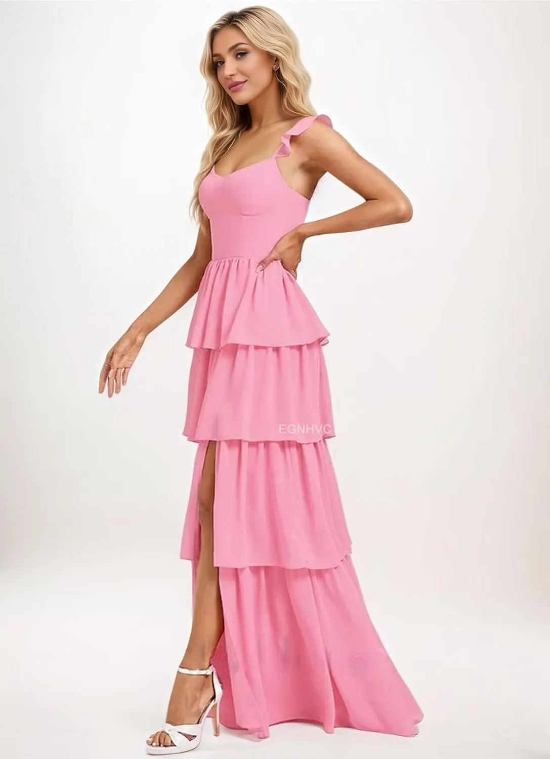 Tiered Ruffles Bridesmaid Dresses for Women 2025 Chiffon Long Formal Evening Party Dress with Slit
