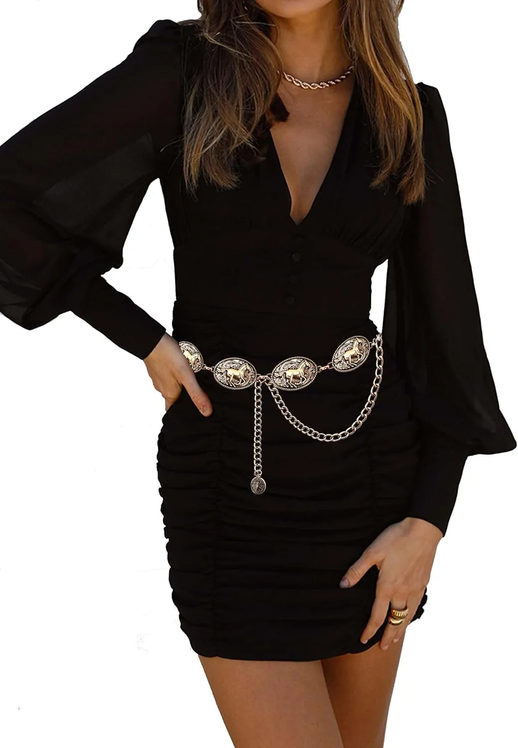 TOPACC Cowgirl Belts for Women Western Chain Belt Metal Concho Belt for Dresses Jeans Country Concert Outfit