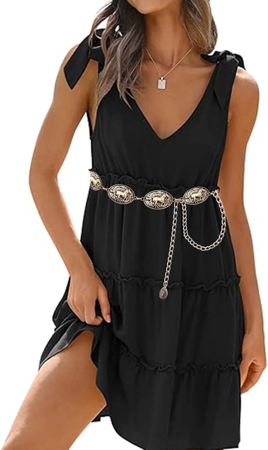 TOPACC Cowgirl Belts for Women Western Chain Belt Metal Concho Belt for Dresses Jeans Country Concert Outfit