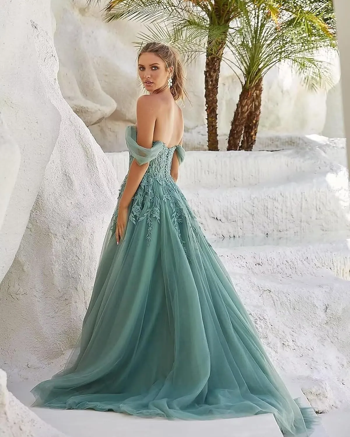 Tulle Lace Appliques Prom Dresses for Women 2025 Off Shoulder A-line Long Formal Evening Ball Gown