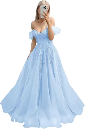 Tulle Lace Appliques Prom Dresses for Women 2025 Off Shoulder A-line Long Formal Evening Ball Gown