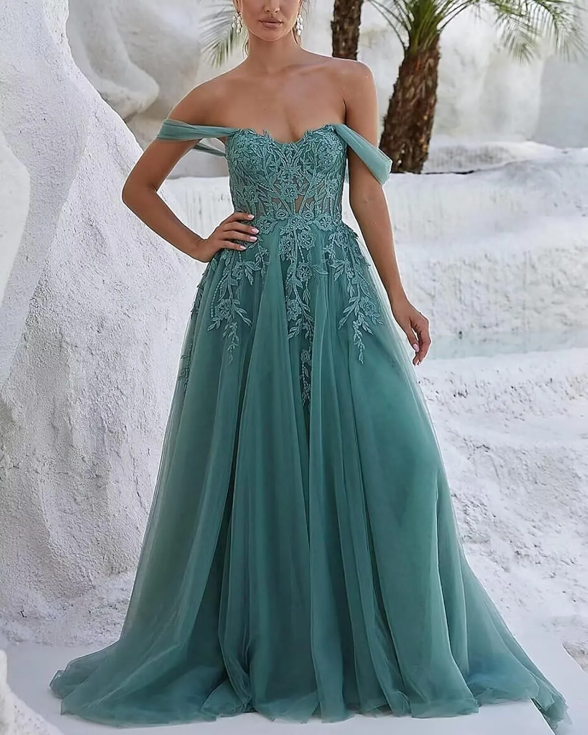 Tulle Lace Appliques Prom Dresses for Women 2025 Off Shoulder A-line Long Formal Evening Ball Gown