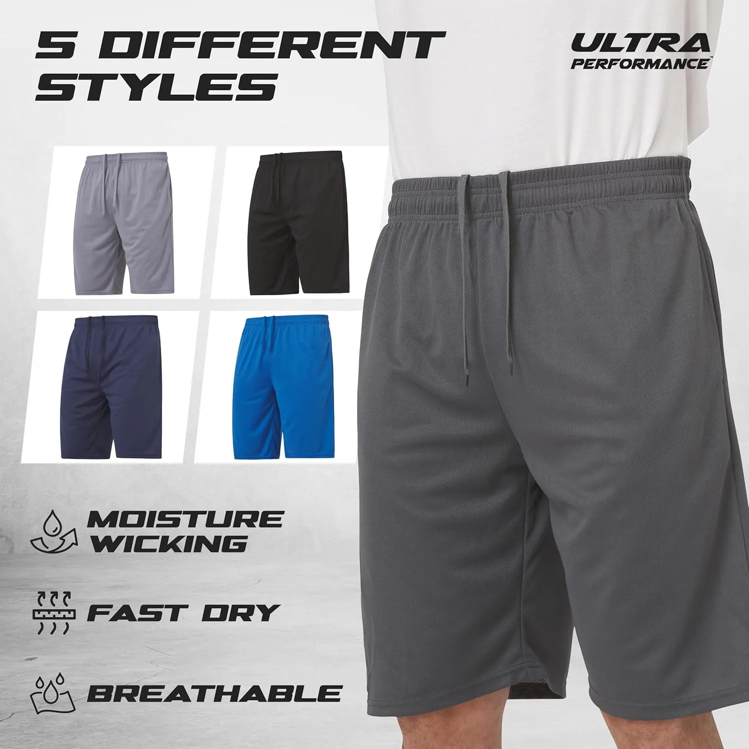 Ultra Performance 5 Pack Mens Shorts, Athletic Gym Shorts Workout Basketball Shorts for Men, SM - 5X