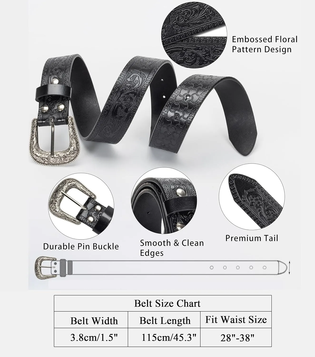 UTOWO Adjustable Vintage Western-Belts for Women Men - Engraved Buckle Cowgirl-Cowboy-Belt for Jeans fit 28-38" waist