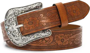 UTOWO Adjustable Vintage Western-Belts for Women Men - Engraved Buckle Cowgirl-Cowboy-Belt for Jeans fit 28-38" waist