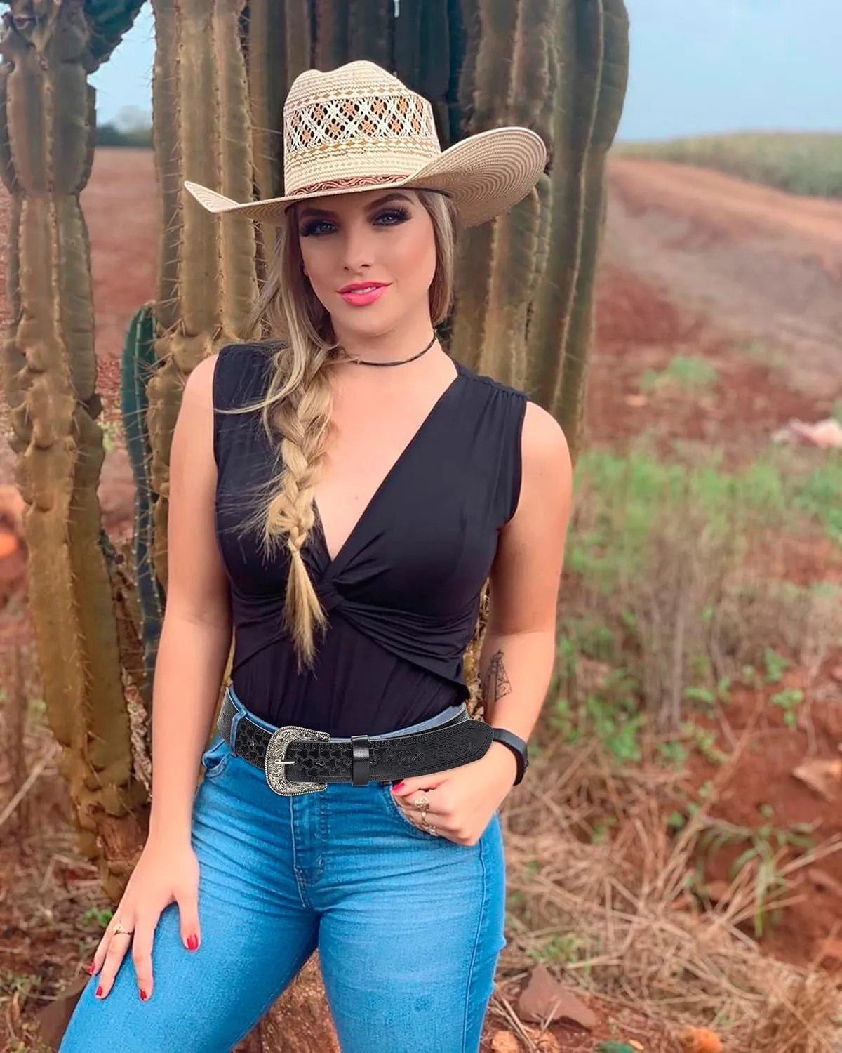 UTOWO Adjustable Vintage Western-Belts for Women Men - Engraved Buckle Cowgirl-Cowboy-Belt for Jeans fit 28-38" waist