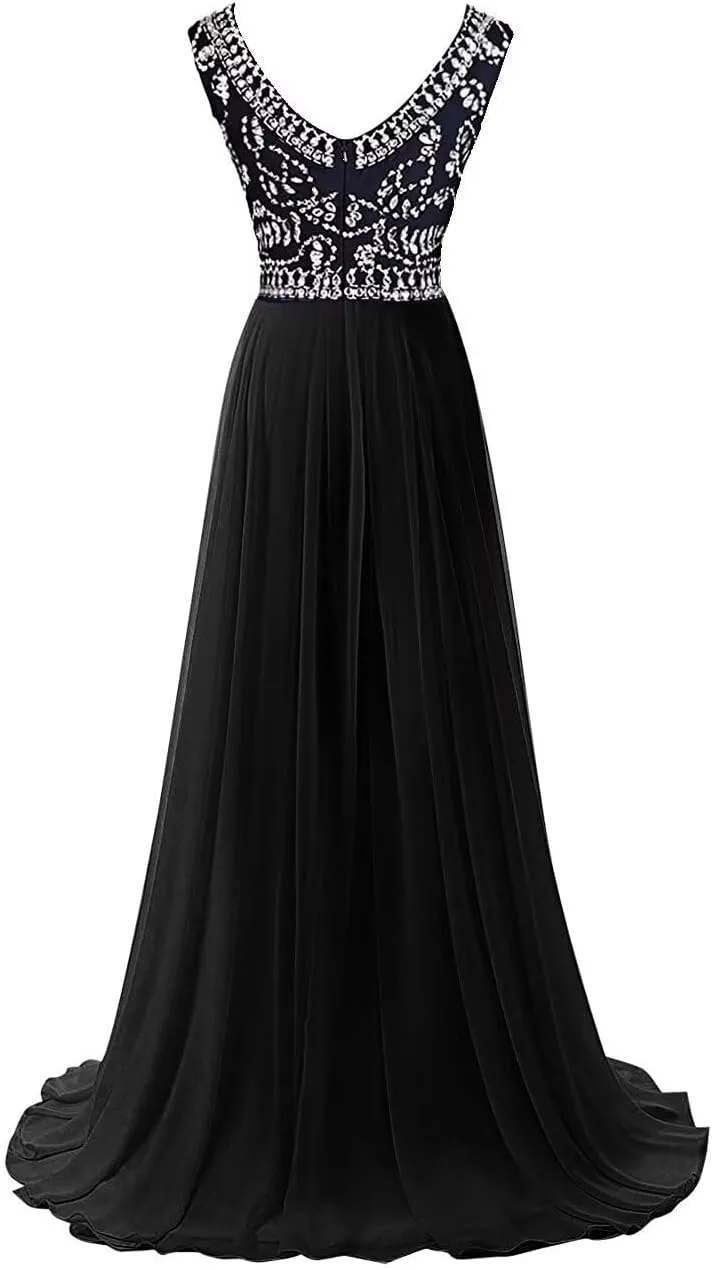 V Neck Sequin Prom Dress Chiffon Bridesmaid Dresses Long A-Line Formal Evening Gowns