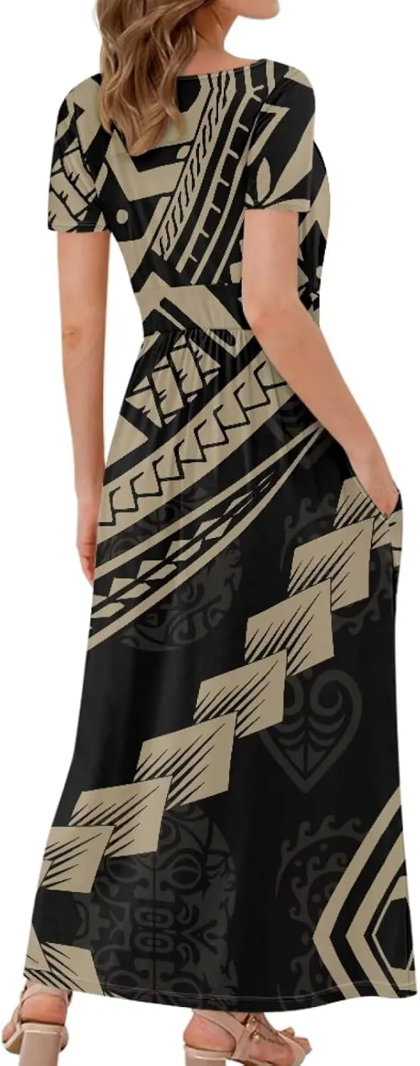 V-Neck Short Sleeve Maxi Dresses for Women Ankle Length Floral Print Beach Long Flowy Dress with Pockets