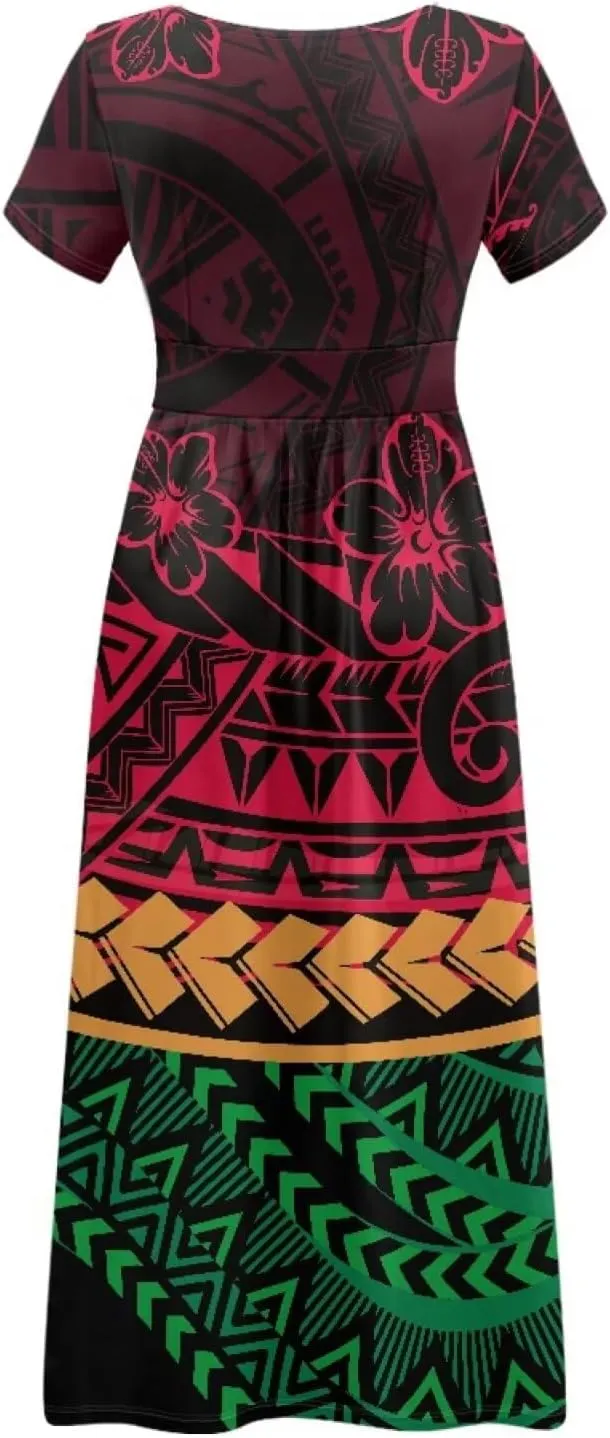 V-Neck Short Sleeve Maxi Dresses for Women Ankle Length Floral Print Beach Long Flowy Dress with Pockets