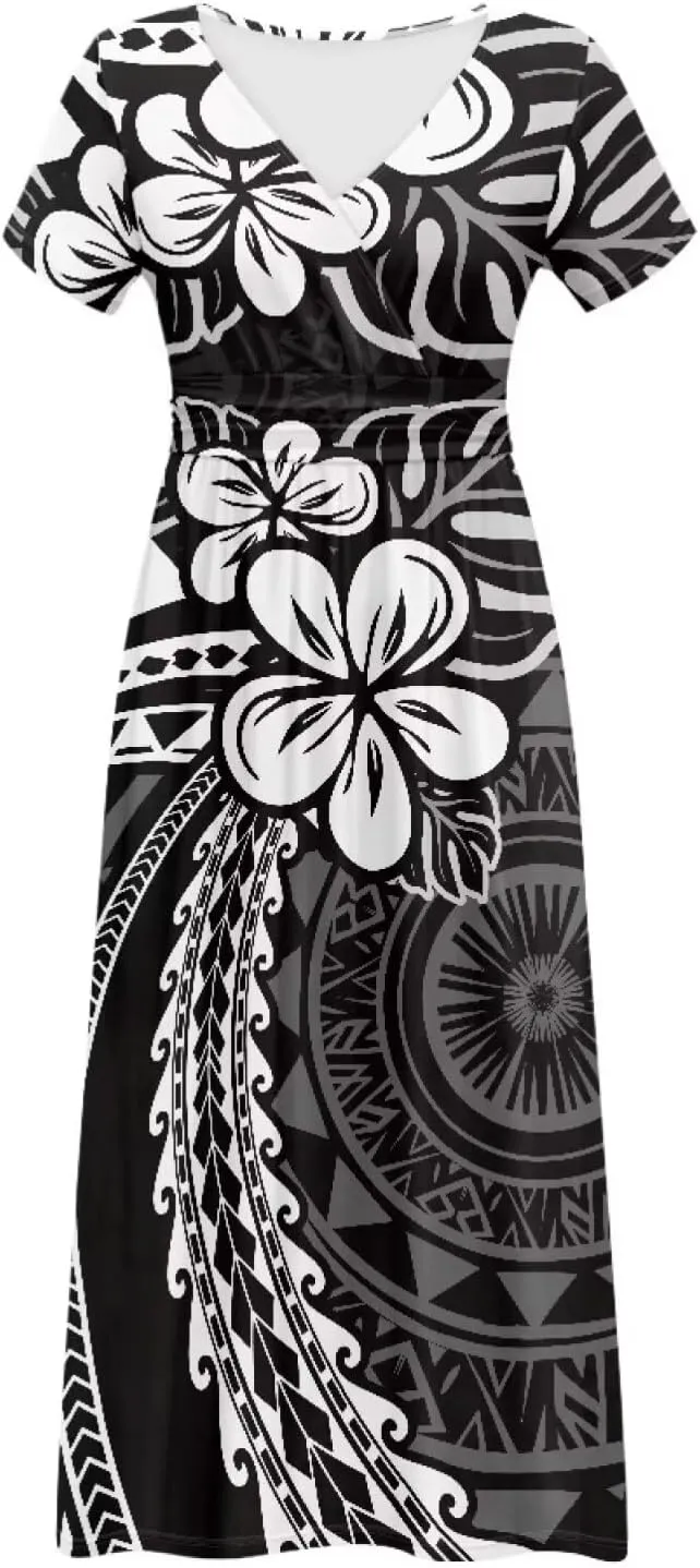 V-Neck Short Sleeve Maxi Dresses for Women Ankle Length Floral Print Beach Long Flowy Dress with Pockets