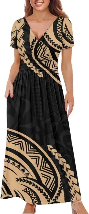 V-Neck Short Sleeve Maxi Dresses for Women Ankle Length Floral Print Beach Long Flowy Dress with Pockets