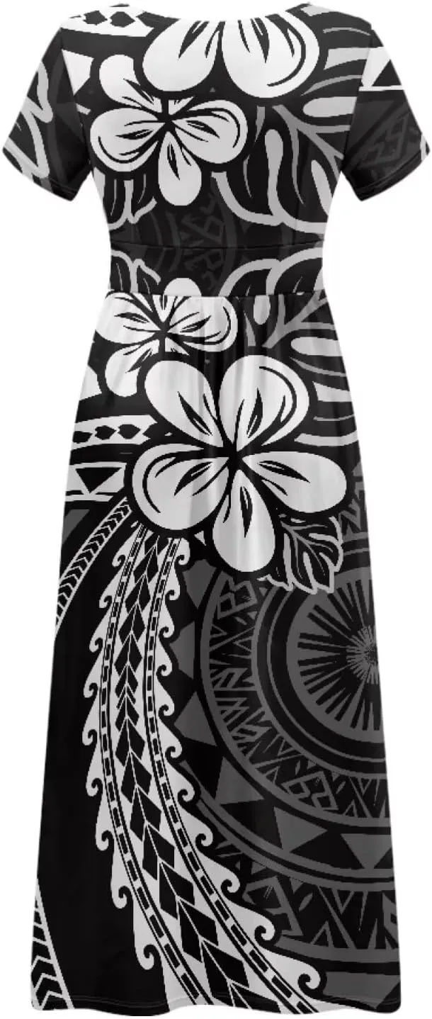 V-Neck Short Sleeve Maxi Dresses for Women Ankle Length Floral Print Beach Long Flowy Dress with Pockets