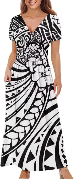 V-Neck Short Sleeve Maxi Dresses for Women Ankle Length Floral Print Beach Long Flowy Dress with Pockets