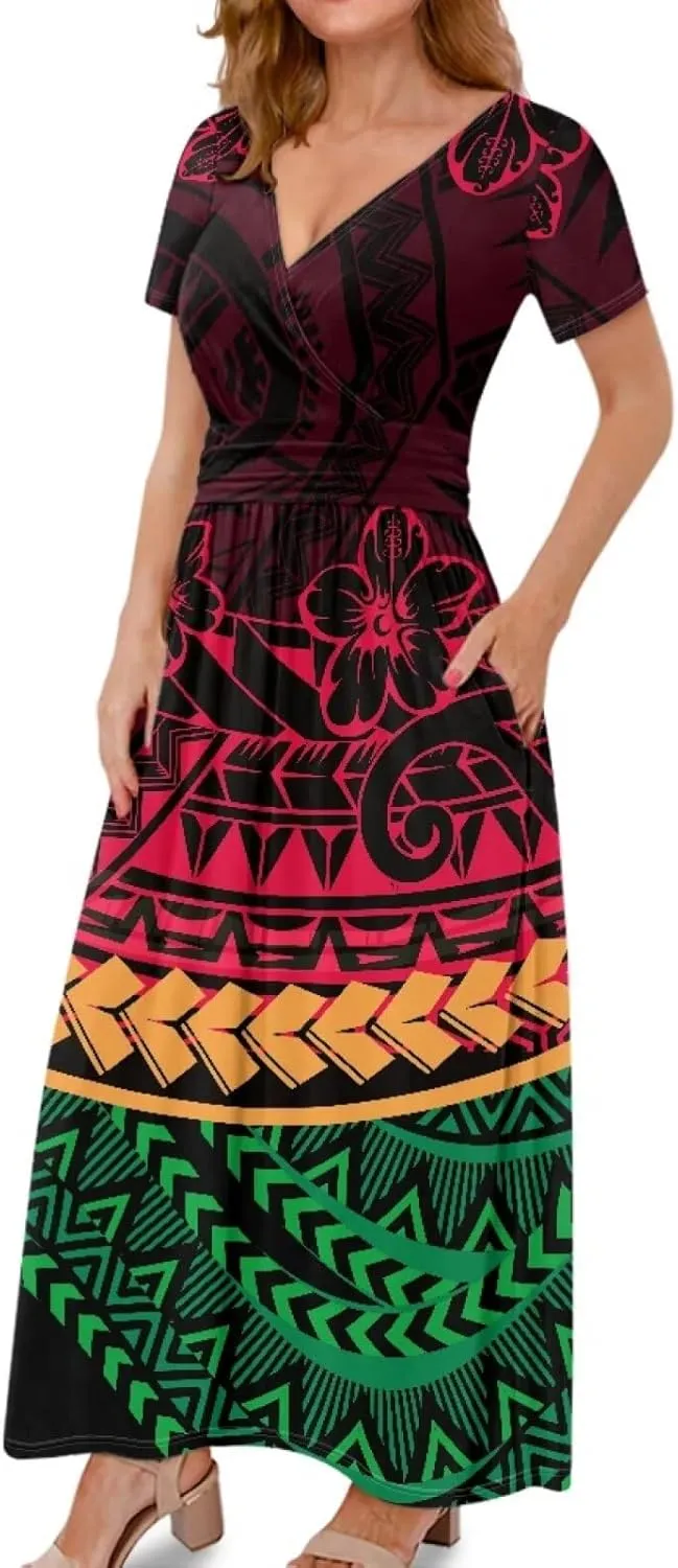 V-Neck Short Sleeve Maxi Dresses for Women Ankle Length Floral Print Beach Long Flowy Dress with Pockets