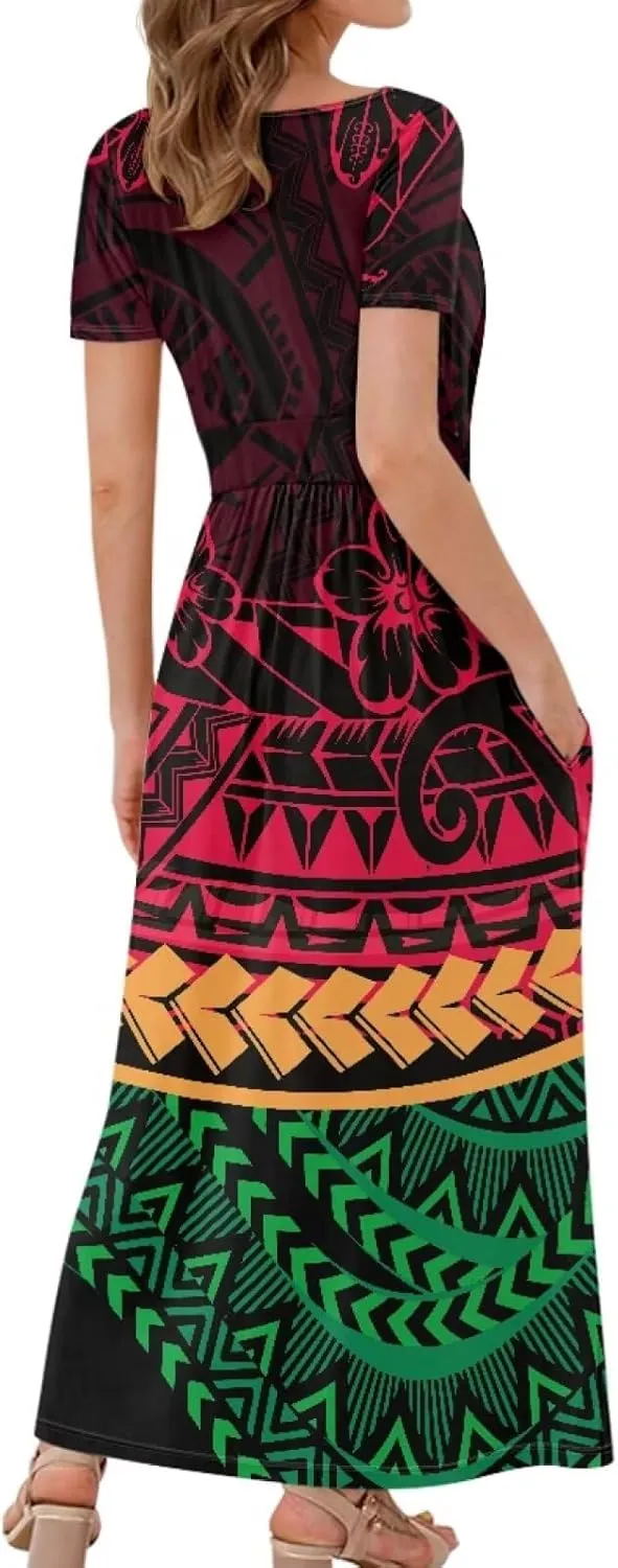 V-Neck Short Sleeve Maxi Dresses for Women Ankle Length Floral Print Beach Long Flowy Dress with Pockets