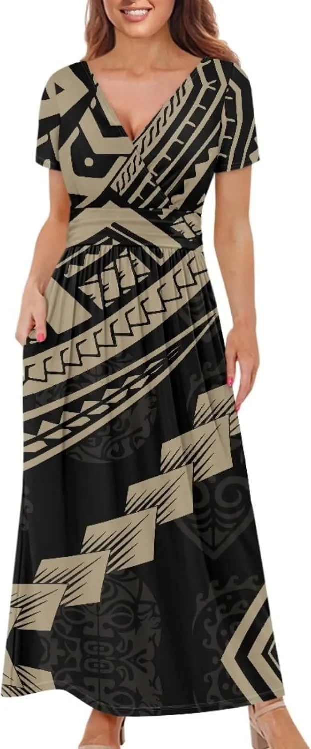 V-Neck Short Sleeve Maxi Dresses for Women Ankle Length Floral Print Beach Long Flowy Dress with Pockets